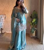 sky blue silk blend embroidered palazzo set