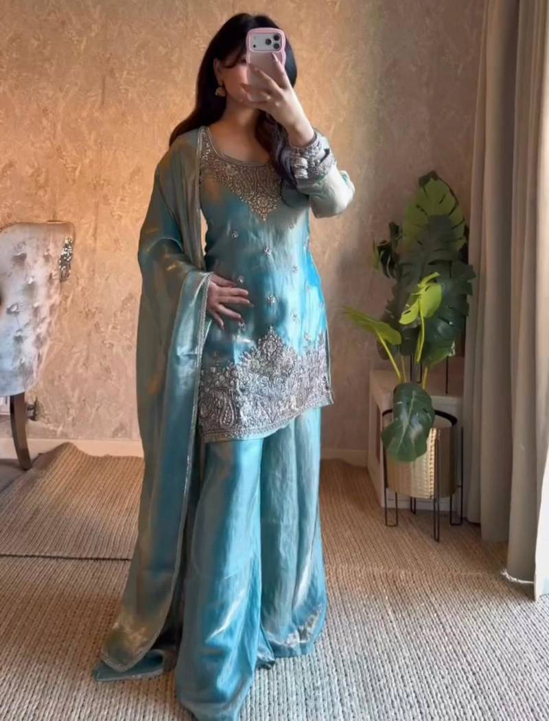 sky blue silk blend embroidered palazzo set