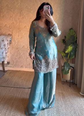 sky blue silk blend palazzo set with silver embroidery
 2