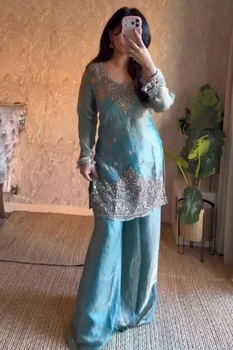 sky blue silk blend palazzo set with silver embroidery