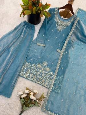 sky blue silk blend palazzo set with silver embroidery
 3