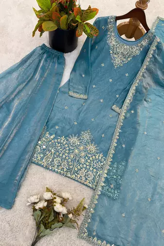 sky blue silk blend palazzo set with silver embroidery