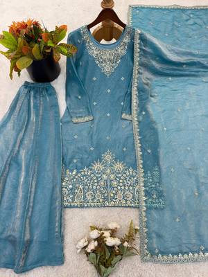 sky blue silk blend palazzo set with silver embroidery
 4