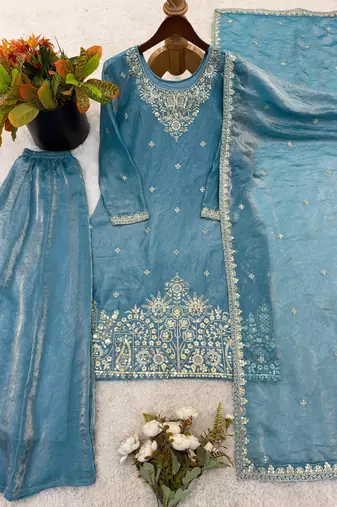 sky blue silk blend palazzo set with silver embroidery