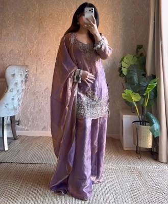 lavender silk blend embroidered palazzo set 1