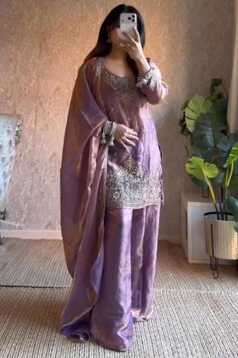 lavender silk blend embroidered palazzo set