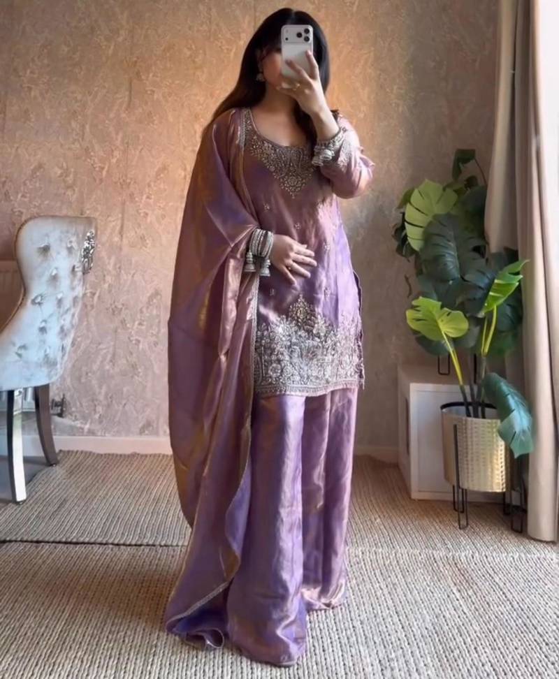 lavender silk blend embroidered palazzo set