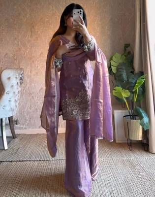 lavender silk blend embroidered palazzo set 2