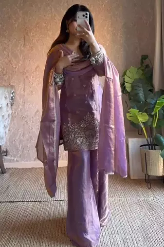 lavender silk blend embroidered palazzo set