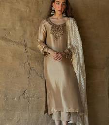beige silk blend embroidered kurta set