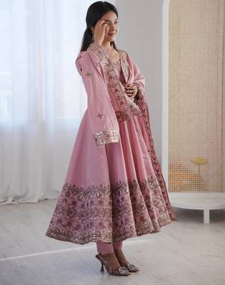 Pink Roman Silk Embroidered Sequence Anarkali Set with Dupatta 2