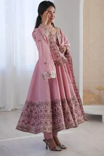 Pink Roman Silk Embroidered Sequence Anarkali Set with Dupatta
