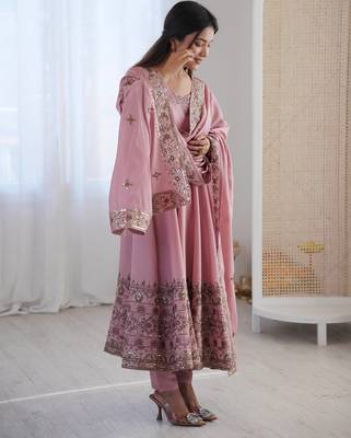 Pink Roman Silk Embroidered Sequence Anarkali Set with Dupatta 3