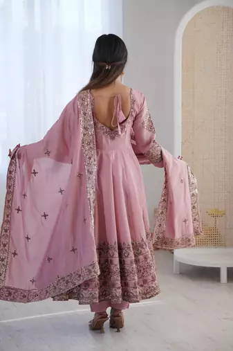Pink Roman Silk Embroidered Sequence Anarkali Set with Dupatta