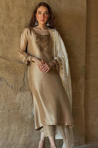 beige silk blend embroidered kurta set