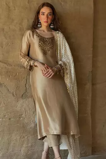beige silk blend embroidered kurta set
