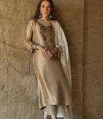 beige silk blend embroidered kurta set