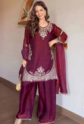 wine silk blend palazzo set with thread embroidery
 2