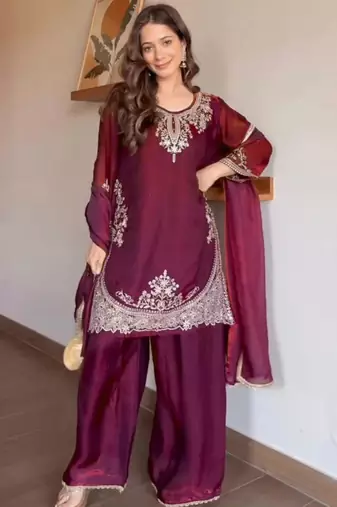 wine silk blend palazzo set with thread embroidery