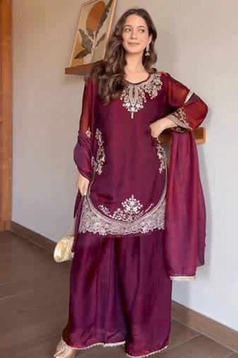 wine silk blend embroidered palazzo set