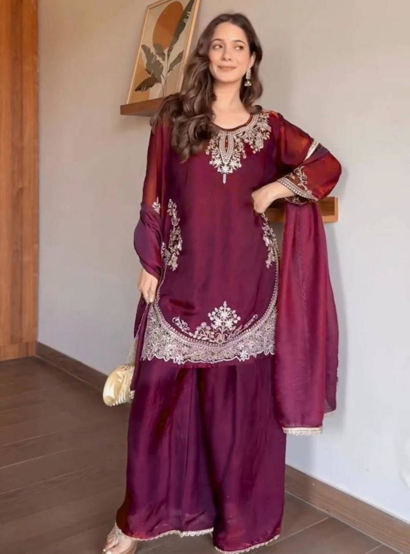 wine silk blend embroidered palazzo set