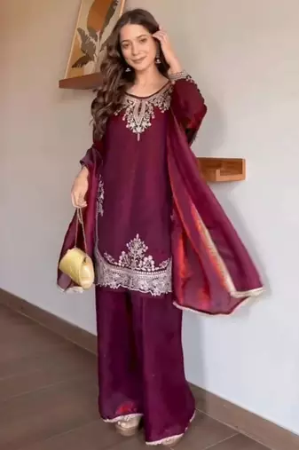 wine silk blend palazzo set with thread embroidery