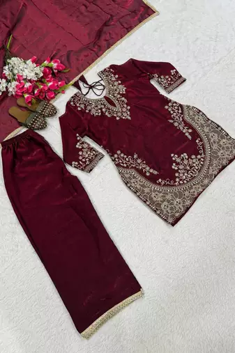 wine silk blend palazzo set with thread embroidery