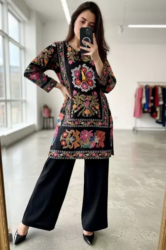 black cotton poly embroidered palazzo set