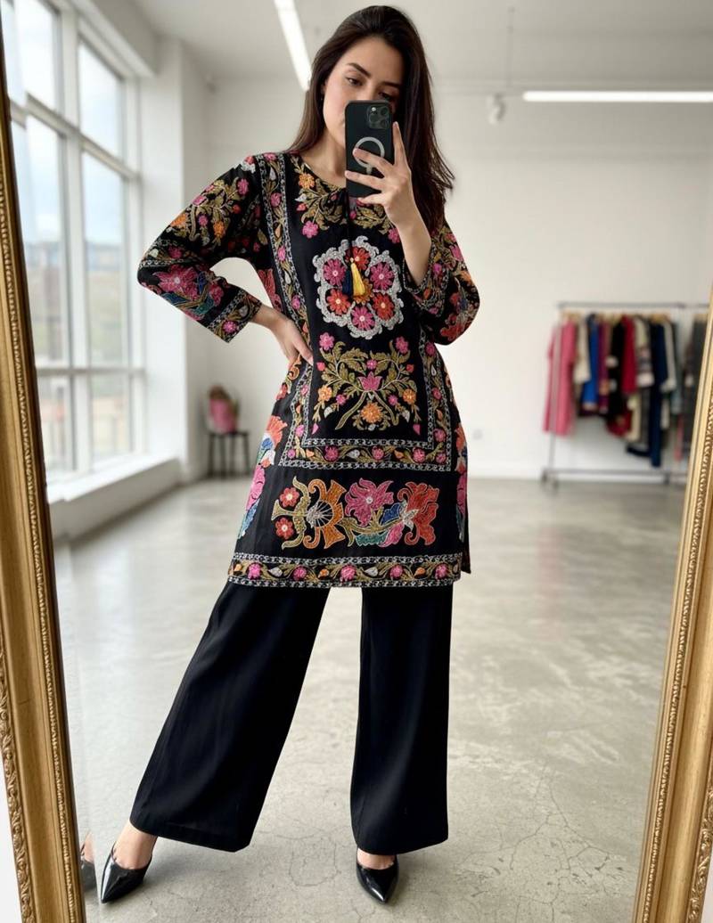 black cotton poly embroidered palazzo set