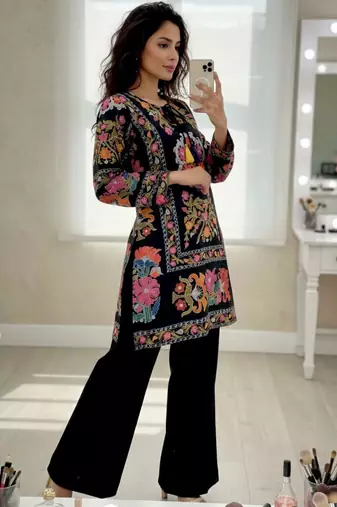 black cotton poly palazzo set with thread embroidery