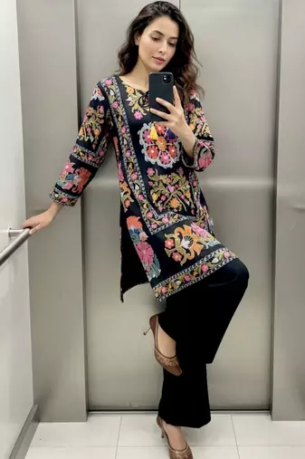 black cotton poly palazzo set with thread embroidery
