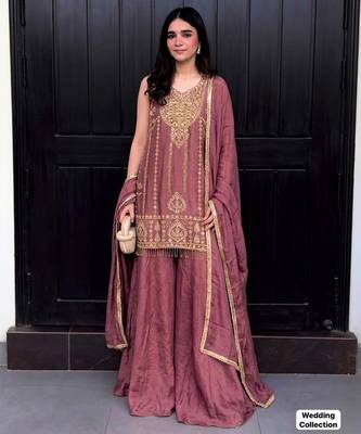 light chocolate silk blend palazzo set with gold embroidery
 1