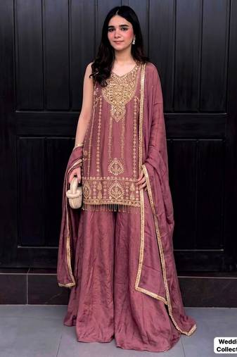 onion pink silk blend embroidered palazzo set