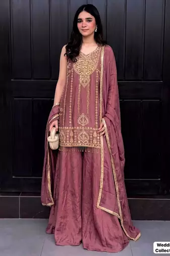 onion pink silk blend embroidered palazzo set