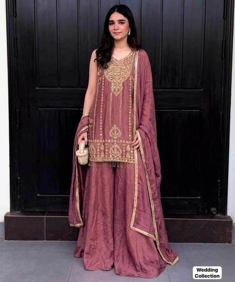 onion pink silk blend embroidered palazzo set