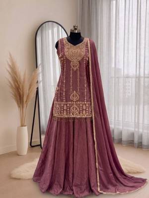 light chocolate silk blend palazzo set with gold embroidery
 2