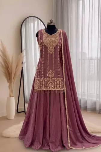 light chocolate silk blend palazzo set with gold embroidery