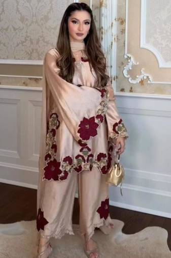 beige glass tissue embroidered palazzo set