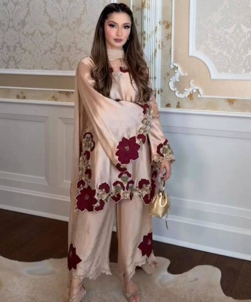 beige glass tissue embroidered palazzo set