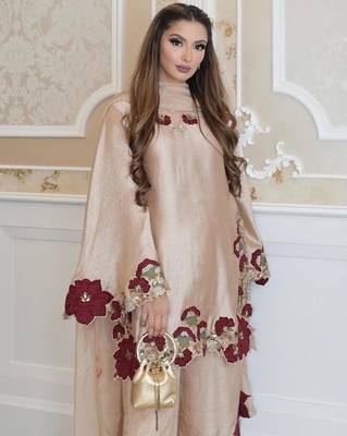 beige glass tissue palazzo set with floral cutwork
 2