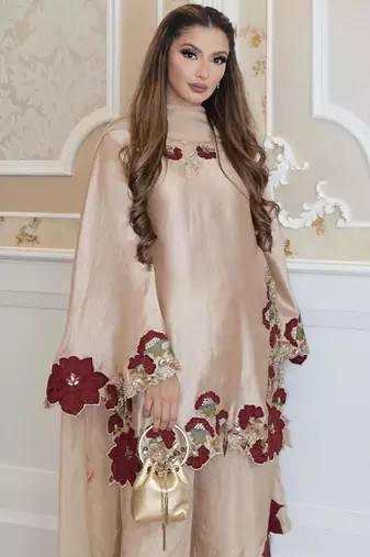 beige glass tissue palazzo set with floral cutwork