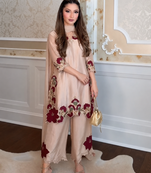 beige glass tissue palazzo set with floral cutwork