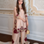 beige glass tissue palazzo set with floral cutwork
