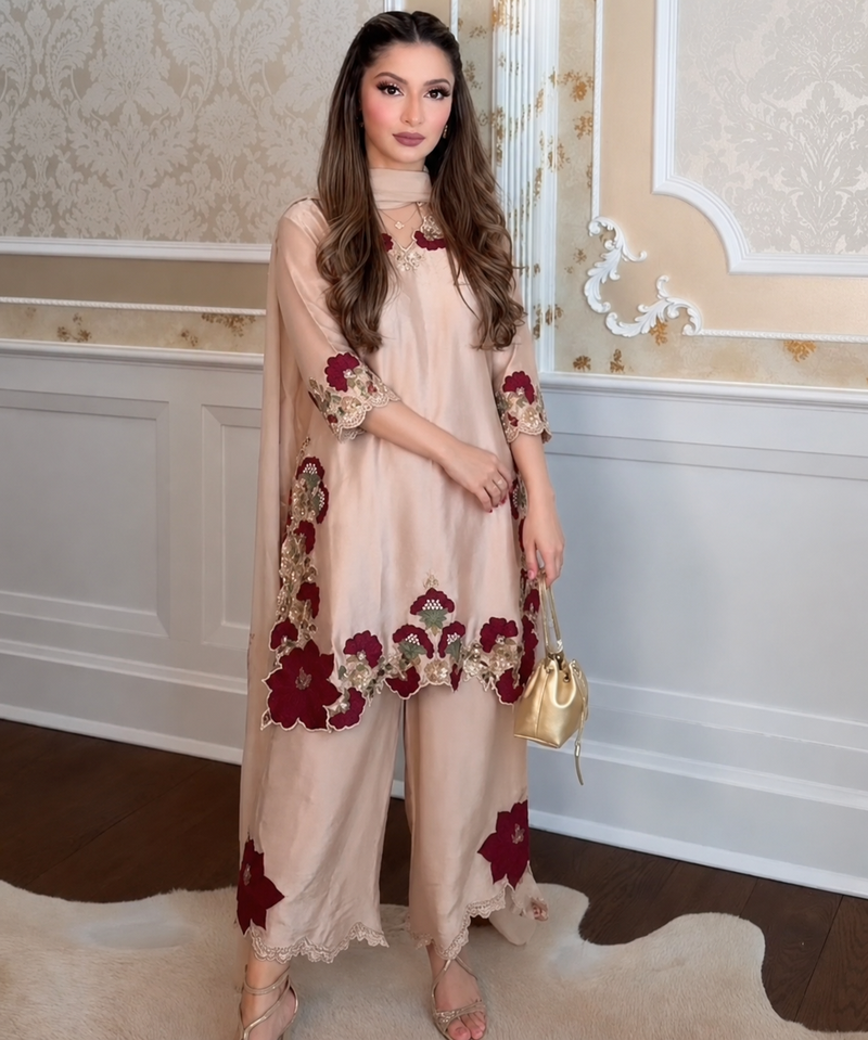 beige glass tissue palazzo set with floral cutwork