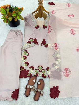 beige glass tissue palazzo set with floral cutwork
 3
