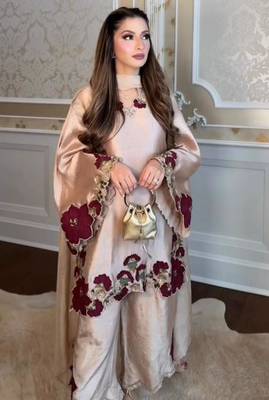 beige glass tissue palazzo set with floral cutwork
 4