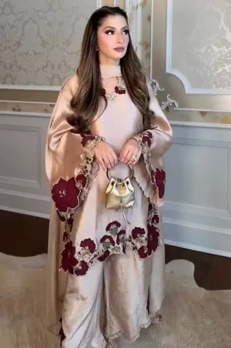 beige glass tissue palazzo set with floral cutwork