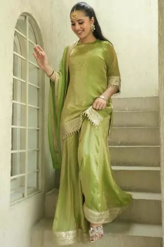 parrot green silk blend embroidered palazzo set