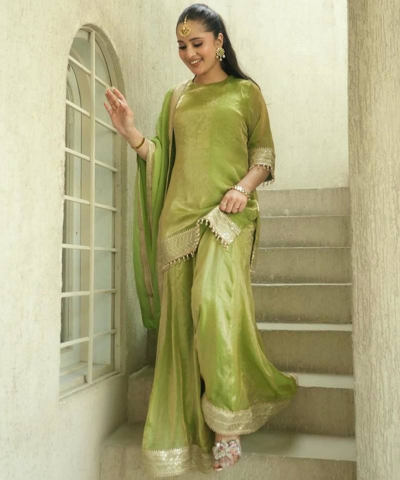 parrot green silk blend embroidered palazzo set