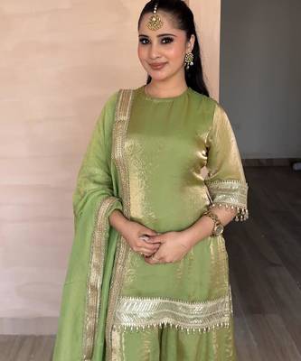 parrot green silk blend palazzo set with lace work
 2
